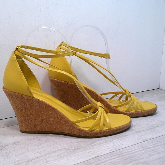 Ann Taylor Butter Yellow Womans Leather Cork Wedge Strappy Sandals Size 8.5 - Picture 1 of 9